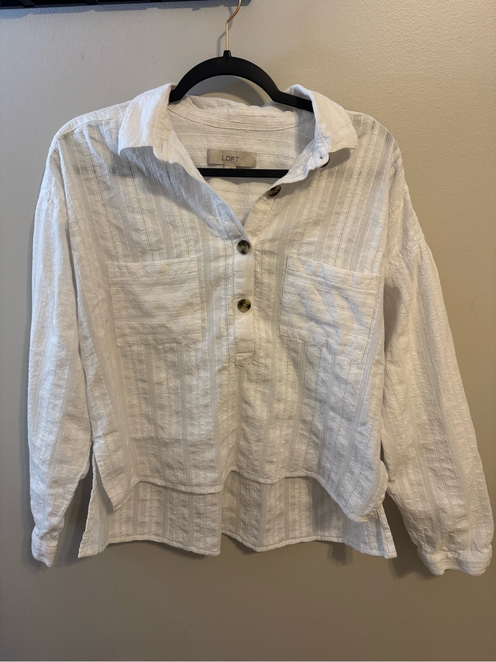 LOFT White Striped Textured Button-Front Shirt